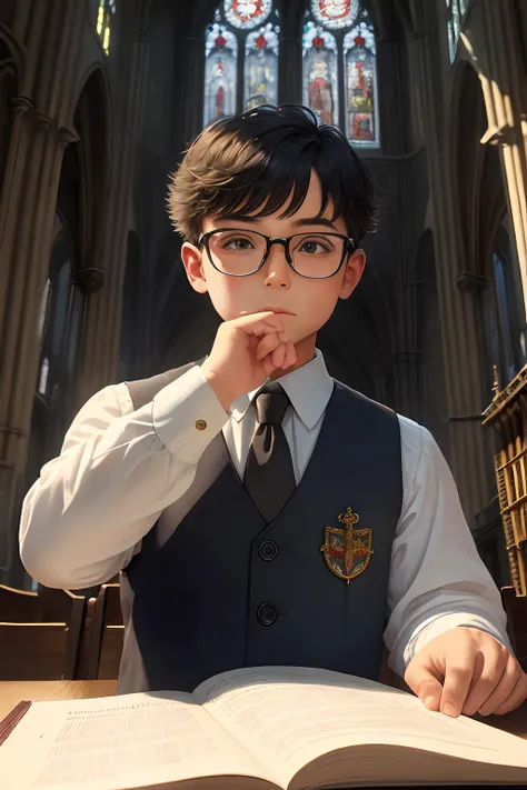 "((best quality)), ((masterpiece)), ((realistic cartoon)), ((perfect character)) - A 3-year-old boy wearing glasses, meticulously depicted with hyper-detailed facial features and skin, dressed in school attire, exploring a Gothic medieval cathedral. The sc...