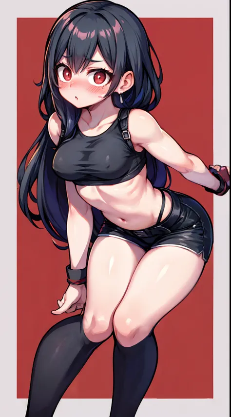 ff Tifa,White border on red background，Bend over，Blush stickers，ahegao，White top，showing waist，ripped short shorts，Hell Whisperer style,Love background，Fleshy thighs，highly rendered，detailed face with