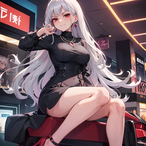 1girl, rich brat, expensive bodycon dress, high heels, necklace, earrings, grey straight hair, medium hair, red eyes, big boobs, night time, in a shopping mall, sexy pose, smirking, looking at me