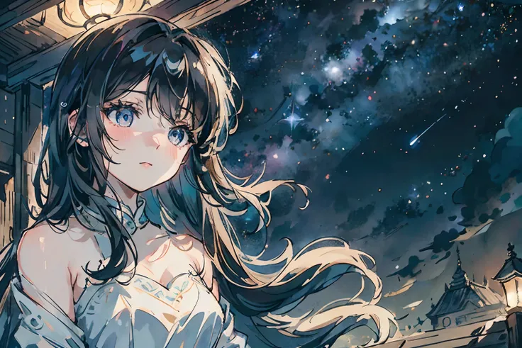 A quiet night，starry sky bright，On the roof stood a girl。She quietly looked up at the starry sky，Enjoy this peaceful evening，The girl wears a light dress，The skirt flutters gently in the wind，Her long hair shimmered in the moonlight，Exudes a fresh breath，T...