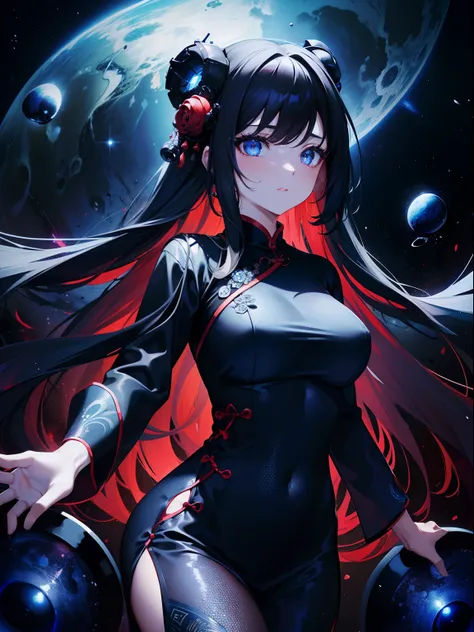 (Masterpiece, Best quality, ultra-high resolution), 1 girl, black cheongsam,Surrounded by cosmic black bubbles, Beautiful and detailed face, detailed eyes,lovecraftian ambient,(blue and red theme)