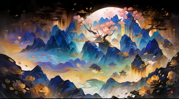 chinese ancient times，village night，((overlooking the perspective))，（mountain ranges），((huge moon))，the night