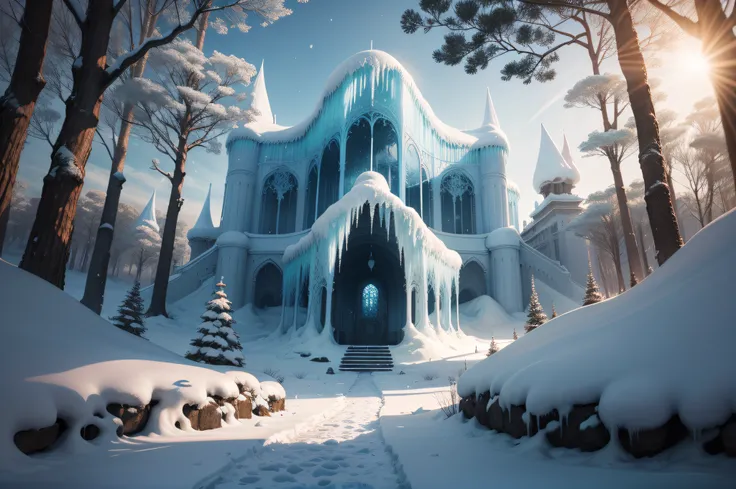 Garden of a beautiful ice palace, paisagem deslumbrante com ambiente nevado e esculturas de gelo nas laterais ultra realista e floresta de inverno ao fundo, com um trono de gelo na frente, ultra realista 4k