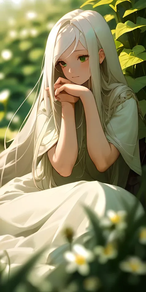 (masterpiece, best quality),1girl with long white hair sitting in a field of green plants and flowers, her hand under her chin, warm lighting, white dress, blurry foreground