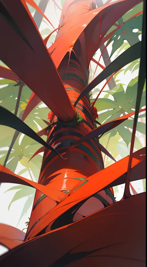 Bottom view of a red heliconia in the middle of a luxuriant tropical forest.