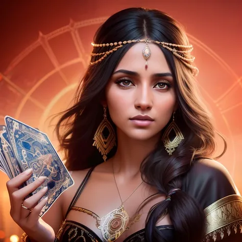 Create image of a gypsy woman with extraordinary sensual beauty holding tarot cards dramatic lighting, digital art trending on Artstation 8k HD high definition detailed realistic, circunstanciado, textura da pele, hiper detalhado, textura de pele realista,...