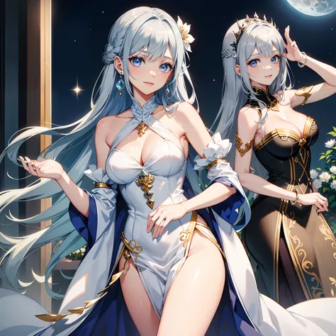 ・((Original Characters)): (a moon)
・((Volume Lighting)): (Receiving bright sunlight、Hair shines)
・((portlate)): (clear blue eyes of round shape,,,,、Characteristic smile)
・((hair style)): (Soft gray hair、Medium height wavy hair)
・((Hairpin)): (Silver hairpi...