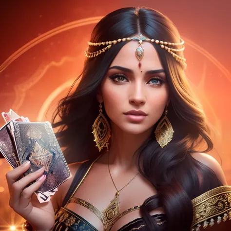 Create image of a gypsy woman with extraordinary sensual sexy beauty, the most beautiful woman in the world holding tarot cards, dramatic lighting, digital art trending on Artstation 8k HD high definition detailed realistic, circunstanciado, textura da pel...