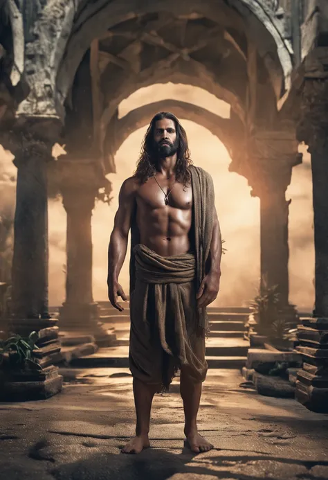 (Professional 3D rendering:1.3) de (Realistic:1.3) Foto de arte mais bonita do mundo，Apresenta Jesus masculinos suaves e brilhantes, ((Jesus with his hands together praying epic fantasy rough muscular man wet hero angry look long hair short beard and fierc...