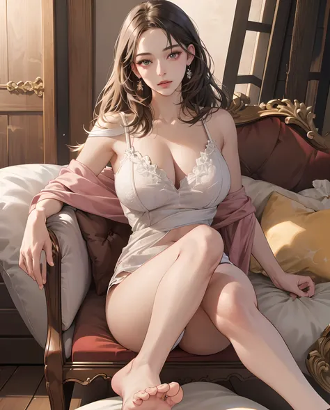 (Masterpiece, Best quality, Extremely detailed 8K, Ultra HD, Ultra-detailed, Highly detailed, Highly realistic, Ultra-realistic,Has beautiful feet，And keep your feet high， photograph realistic), (1girll:1.5), (detailed realistic skin), (Realistic big breas...