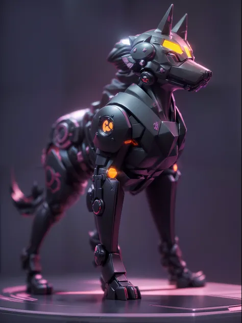 (Blind box toy style:1.3),((Full body shot)),(anthropomorphism),(1 strong dog warrior，solo）(((solo))),opaque mask，transparent plastic mecha,dreamy glow, cyberpunk style，Clean black background,black style，(circular base）( Global illumination, Ray tracing, h...