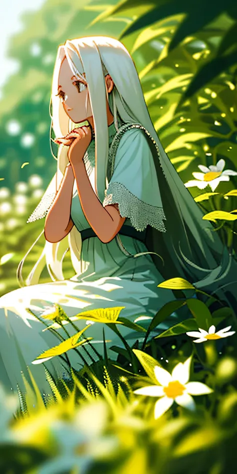 (masterpiece, best quality),1girl with long white hair sitting in a field of green plants and flowers, her hand under her chin, warm lighting, white dress, blurry foreground