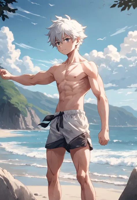 A white-haired boy stood on a rock，, Sharp wolf ears，Stretch out your arms on the beach,Shirtless，Abs，Swimsuit shutter stock,  People find happiness, his arms spread, stock image,  relaxing on the beach, pexels，Muscular，Young age，Wolf ears，laughingly