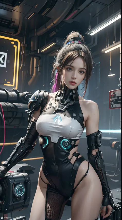 Best Quality)), ((Masterpiece)), (Very Detailed:1.3), 3D, Beautiful (Cyberpunk:1.3)), 1 girl, full body, ponytail white hairstyle, big breast, slender body, slender hips, big breasts, Looking Sideways pose, bottom angles, wearing full ((heavy cyberpunk arm...