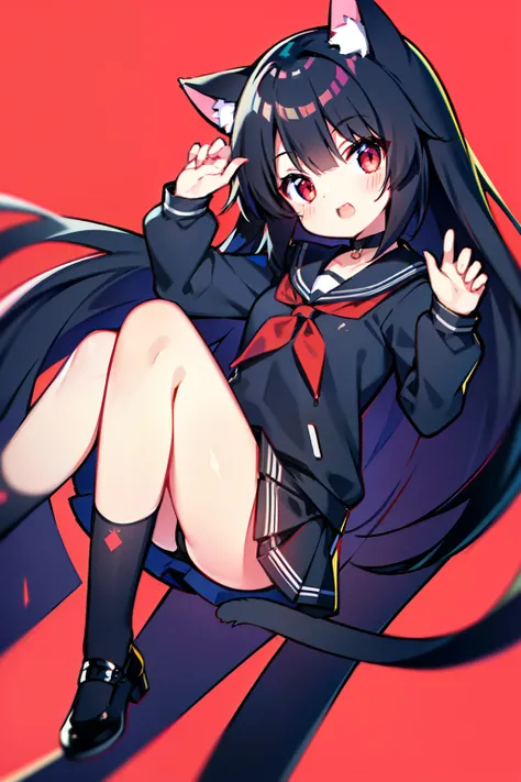 Black hair, Cat ears, Cat girl, Red eyes, Student clothes，