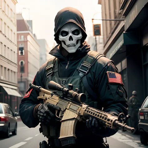 Special opps soldier wearing skeleton mask and black clothing. Wearing bulletproof vest. Holding an m16. Realistic.