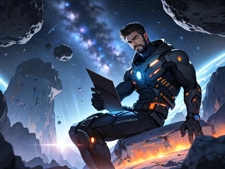 Draw a young programmer, sitting on a research platform floating in the middle of an asteroid belt. He is studying with a notebook, surrounded by several asteroids glowing with fiery auras. Dramatic lighting from distant stars and planets illuminates the s...