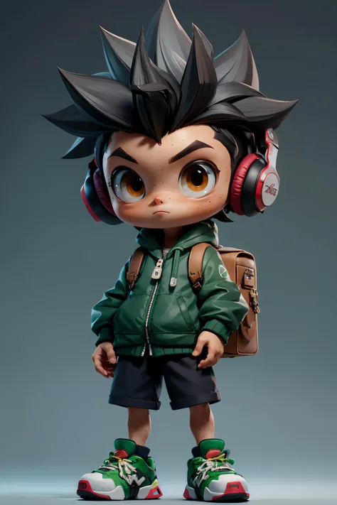 masterpiece, best quality, 8k, cinematic light, ultra high res, chibi, 1boy, shorts, black hair, headphones, bag, spiked hair, green jacket, shoes, brown eyes, (full body:1.2), freckles, standing,