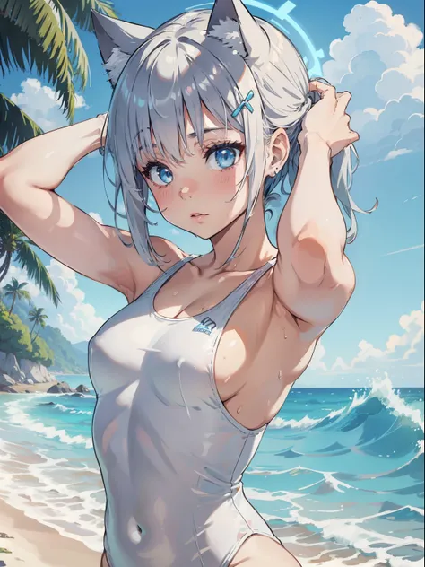 masterpiece, best quality,masterpiece, best quality,detailed eyes,sideboob,1 girl,white swimsuit, upper body, vivied eyes, a girl,,, , silver hair, hair,blue cat ears, the back,loli,earing,dinamic pose,small breasts, detailed face, ,white school swimsuit, ...