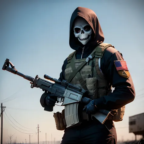 Special opps soldier wearing skeleton mask and black clothing. Wearing bulletproof vest. Holding an m16. Realistic.