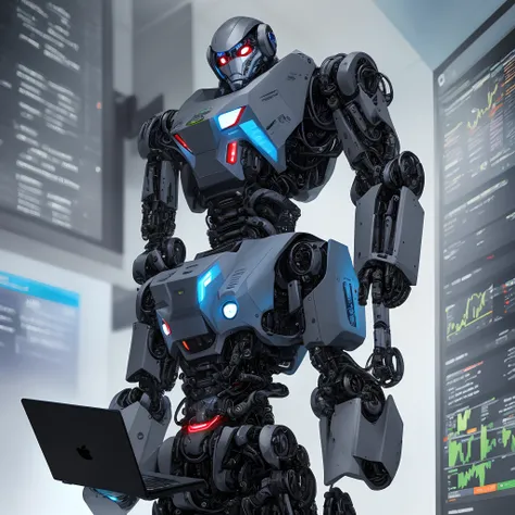 Cybernetic masculune robot standing in black and gray armor holding a laptop or tablet with a background containing financial market, computadores, black color scale graphics, cinza e azul