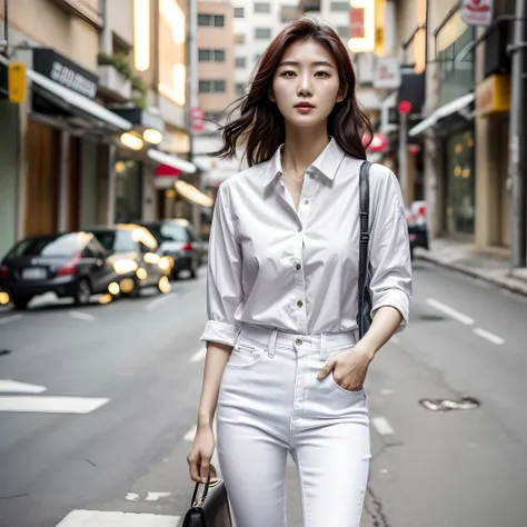 a real picture of a korean woman in the middle of the street with tight jeans and white shirt