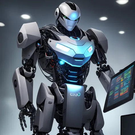 Cybernetic masculune robot standing in black and gray armor holding a laptop or tablet with a background containing financial market, computadores, black color scale graphics, cinza e azul