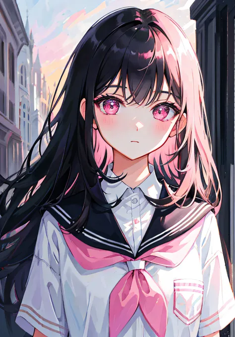 Masterpiece, Best quality, Ultra-detailed, illustration, Portrait, 1girll, black_Hair, Pink eyes,  Long hair,  school uniform,