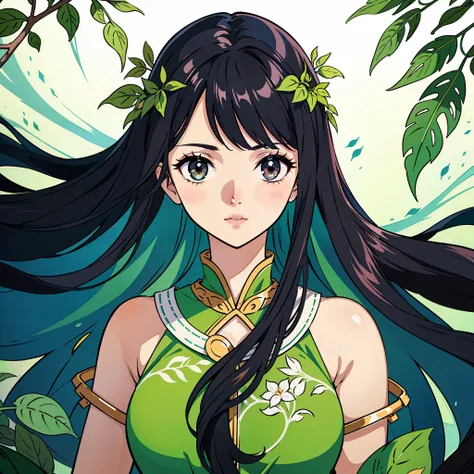 1girl, goddess, goddess of nature, beautiful, black hair, long hair, black eyes, floating hair, sexy, full of nature, nature dress, green leaves, vines, upper body, close up, masterpiece, best quality, high detailed illustration