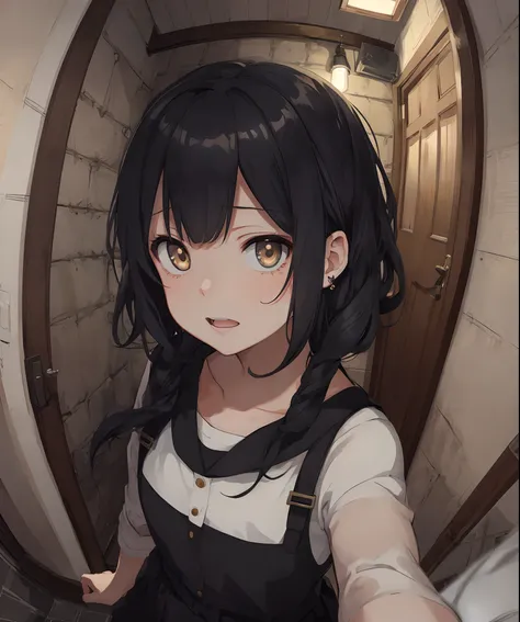 masterpiece, best quality, ultra-detailed, illustration, an extremely delicate and beautiful, cute, girl, energetic, active, anime, 1girl, cute, soft lighting, black hair, fisheye lens,stairs, labyrinth, Mysterious world, Alice, door, incandescent bulb