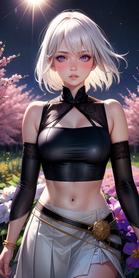 realistic, 1girl, white hair, purple eyes, glowing eyes, crop top, skirt, parted lips, blush, night, flowers, sun, sunlight,