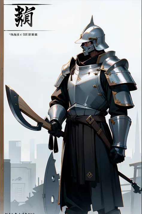 Standing strong figure，Hold a long-handled axe in hand，Dressed in heavy steel armor，Wear a steel helmet，Set the chart。