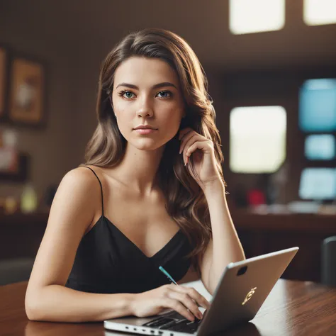 An impressive full-body color portrait of (woman: 1), (detailed face, complex details, pidona expression, , open brown eyes, mature look, small, pink lips, no freckles on the face) wearing a delicate and romantic evening gown, sitting at a desk, working on...