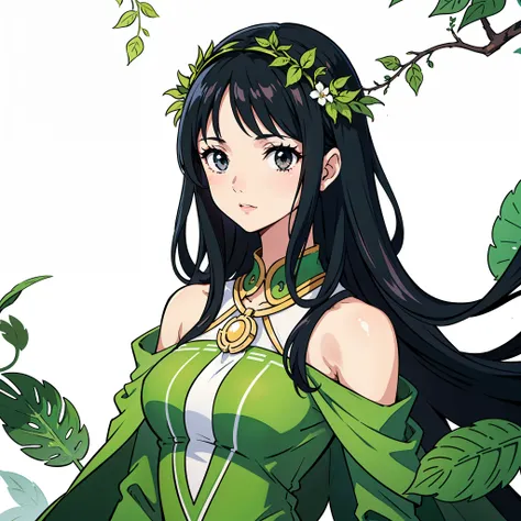 1girl, goddess, goddess of nature, beautiful, black hair, long hair, black eyes, floating hair, sexy, nature dress, green leaves, vines, white background, upper body, close up, masterpiece, best quality, high detailed illustration