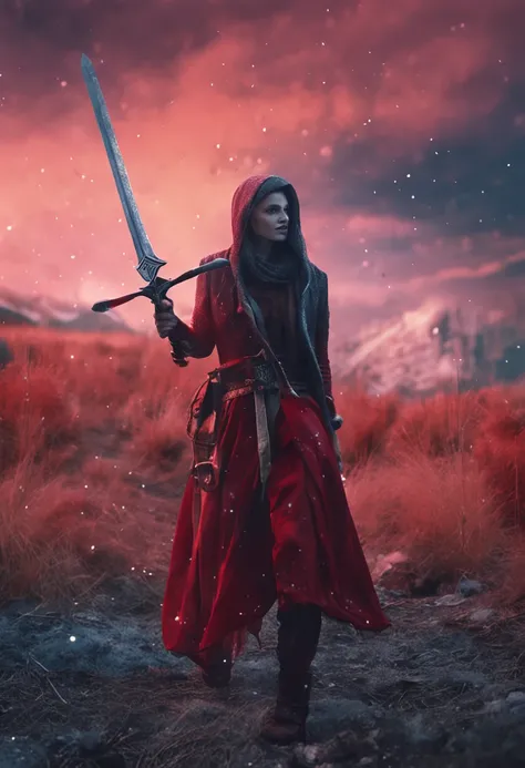 Woman，Cold，holding a longsword，Redcoat，long whitr hair，starryskybackground，4K，Realism