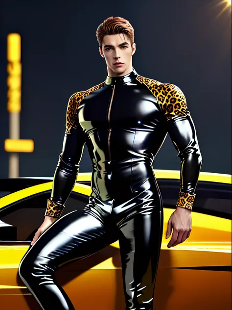 man in a tight latex suit，full body photo，muscular body，handsome，riding boots，leopard print