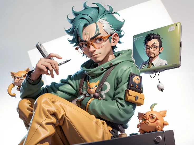 A young man with glasses sits at his desk，holding laptop，digitial painting，3D character design by Mark Clairen and Pixar and Hayao Miyazaki and Akira Toriyama，4K HD illustration，Very detailed facial features and cartoon-style visuals。