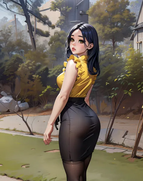 A girl wearing yellow orchic dress and black thin stocking, standing, cute girl charactor, comic digital art.