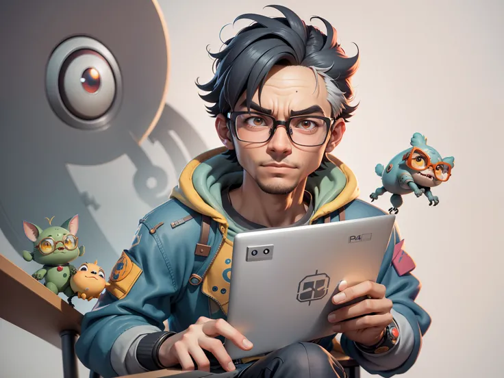 A young man with glasses sits at his desk，holding laptop，digitial painting，3D character design by Mark Clairen and Pixar and Hayao Miyazaki and Akira Toriyama，4K HD illustration，Very detailed facial features and cartoon-style visuals。