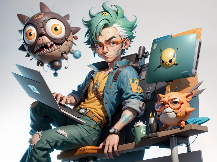 A young man with glasses sits at his desk，holding laptop，digitial painting，3D character design by Mark Clairen and Pixar and Hayao Miyazaki and Akira Toriyama，4K HD illustration，Very detailed facial features and cartoon-style visuals。