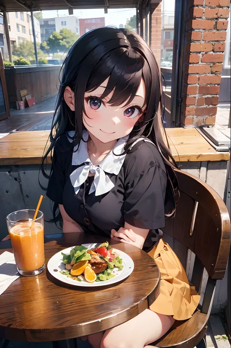 (8K, Raw photography, top-quality, ​masterpiece:1.2), 1girl in, 3 d, A dark-haired、The long-haired、Lunch at the café、Salad and orange juice on the table、sitting on、、Short sleeve sailor suit、a miniskirt、Asian,A smile、