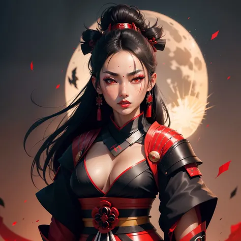 Female samurai warrior, jet black hair, dark skinned tanned, red black, bright moon, freckles on the face, red lipstick, full body, no extra hair, diamond shaped face, cover top, black eyeballs, geisha warrior, brown tan skinned, sexy hair style, extravaga...