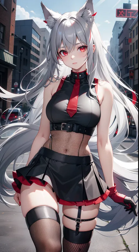 adult girl, Gray hair of medium length, red eyes, wolf ears, Red tight top, Sleeveless, fishnet tights, leather skirt, Masterpiece, hiquality