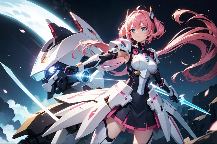 Mecha warrior，Pink-haired girl，Armed with a short sword，Wearing blue armor，sense of science and technology，Moonlight close-up，nigth