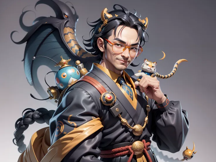 (Masterpiece), (Excellent), (Super Meticulous), (Full Body: 1.2), Super Young Man with Japanese Female Geisha, Pretty, Beautiful, Chinese Dragon, Tiger, Wind God Thor, Sexy, Bursting, Oriental Face, TV Anchor, Bust Portrait Illustration, Black Suit, Blue T...