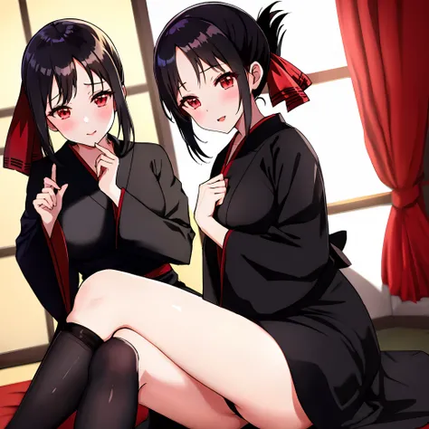 1girl, kaguya shinomiya,  large hair, crossed legs,black kimono