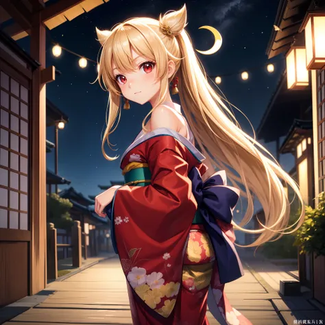 anime, girl alone, blonde, red eyes, kimono, off-the-shoulder, kyoto, crescent, night