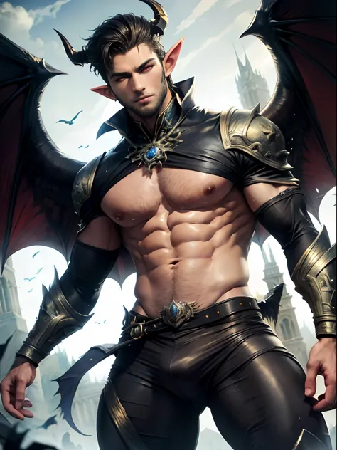 ((masterpiece, best quality, high resolution)) A handsome man with black demon wings, red eyes, pointy ears, muscular