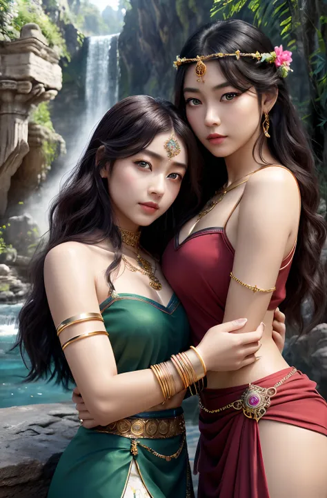 ((Realistic:1.5)),Ulzzang-6500:1.4,((Best quality)), ((Masterpiece)),((Detailed)),2girls,duo,{2 beautiful women}, (Upper body:1.3),Hug and touch each other, Tease your friends waist, Breathless friends, Biting a friends earlobe, crouched,super wide shot,Fa...