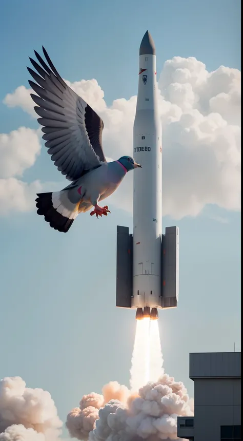 Generate an image that captures the moment of a missile launch with a pigeon-guided nose cone. Show a missile ascending into the sky with a pigeon inside, emphasizing the collaboration between technology and nature, realistic, 8k